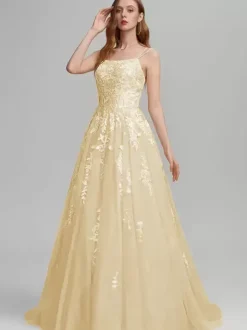 Robe de bal A-Line Col carré en dentelle sans manches en dentelle Robes d'invité de mariage