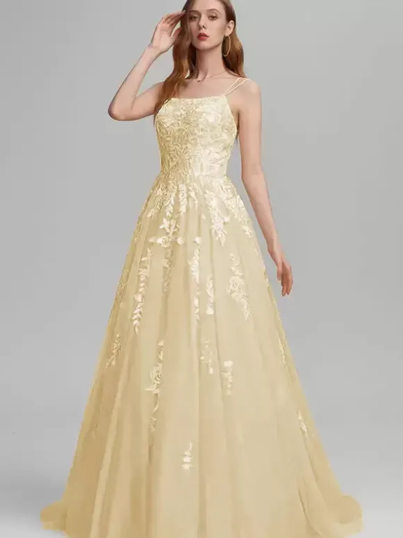 Robe de bal A-Line Col carré en dentelle sans manches en dentelle Robes d'invité de mariage