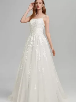 Robe de bal A-Line Col carré en dentelle sans manches en dentelle Robes d'invité de mariage
