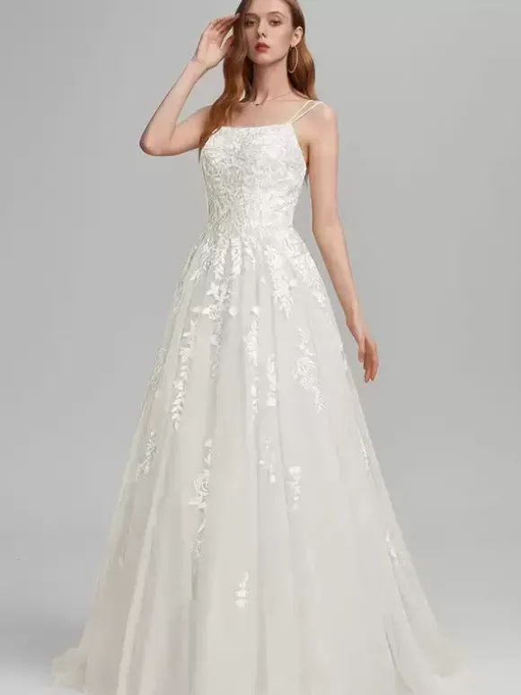 Robe de bal A-Line Col carré en dentelle sans manches en dentelle Robes d'invité de mariage