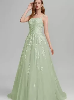 Robe de bal A-Line Col carré en dentelle sans manches en dentelle Robes d'invité de mariage