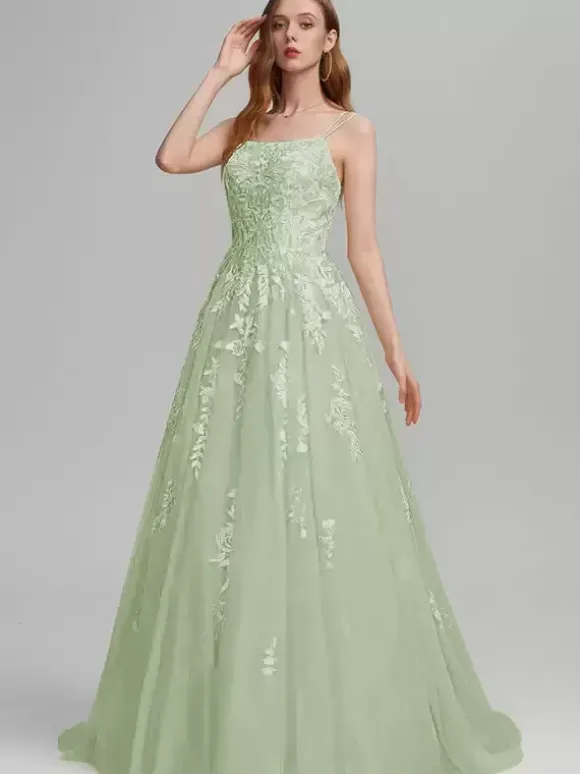 Robe de bal A-Line Col carré en dentelle sans manches en dentelle Robes d'invité de mariage
