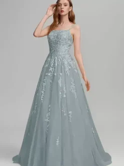 Robe de bal A-Line Col carré en dentelle sans manches en dentelle Robes d'invité de mariage
