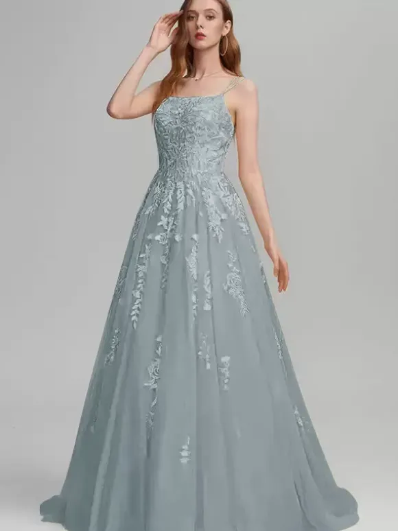 Robe de bal A-Line Col carré en dentelle sans manches en dentelle Robes d'invité de mariage