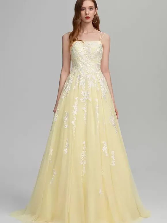 Robe de bal A-Line Col carré en dentelle sans manches en dentelle Robes d'invité de mariage