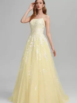 Robe de bal A-Line Col carré en dentelle sans manches en dentelle Robes d'invité de mariage