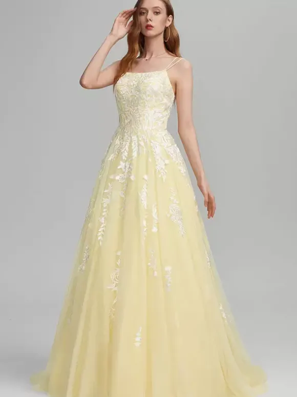 Robe de bal A-Line Col carré en dentelle sans manches en dentelle Robes d'invité de mariage
