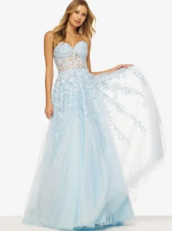 Robe de bal A-Line col en c艙ur en tulle sans manches en dentelle robes de soirée