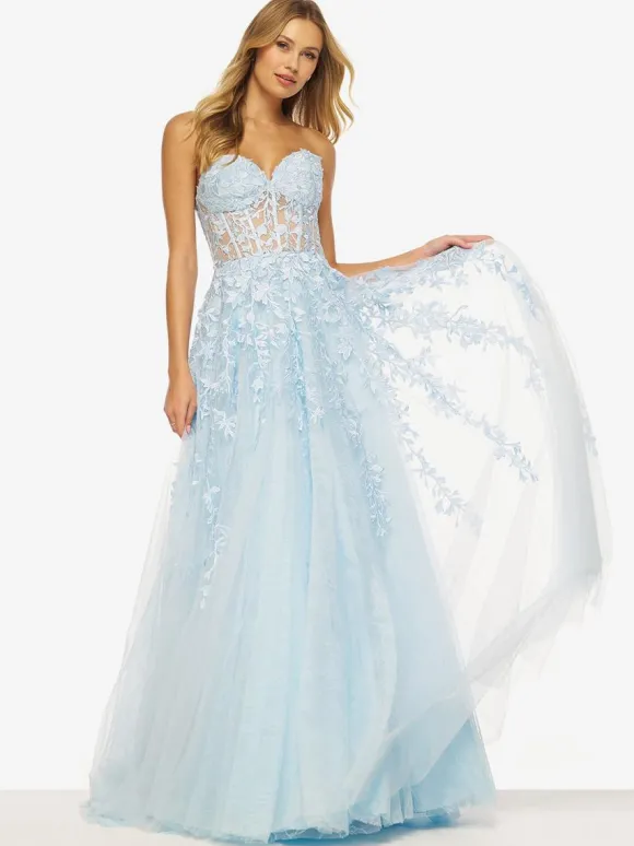 Robe de bal A-Line col en c艙ur en tulle sans manches en dentelle robes de soirée