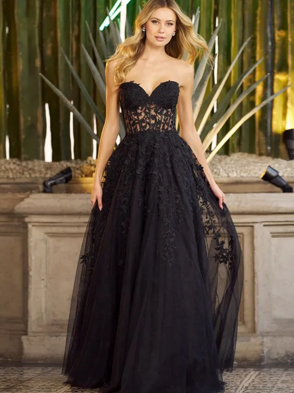 Robe de bal A-Line col en c艙ur en tulle sans manches en dentelle robes de soirée