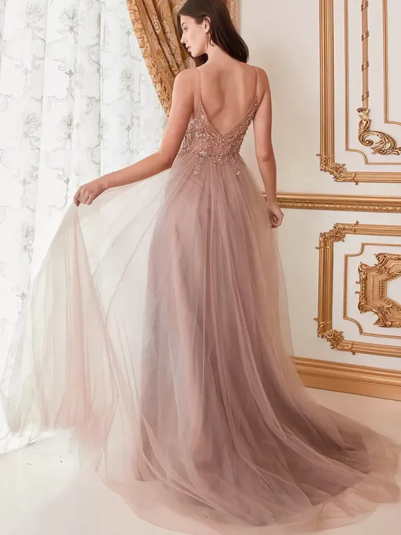 Robe de bal A-Line Col en V Tulle Sans manches Fendue devant Robes de soirée