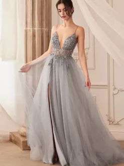 Robe de bal A-Line Col en V Tulle Sans manches Fendue devant Robes de soirée