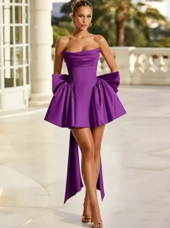 Robe de bal courte sans bretelles en polyester sans manches avec n艙uds robe d'invitée de mariage