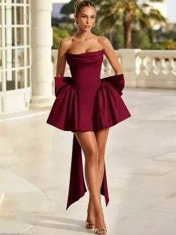 Robe de bal courte sans bretelles en polyester sans manches avec n艙uds robe d'invitée de mariage