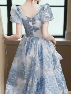 Robe de bal en dentelle col en V ligne a manches courtes robes de soirée