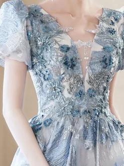 Robe de bal en dentelle col en V ligne a manches courtes robes de soirée