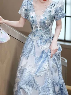 Robe de bal en dentelle col en V ligne a manches courtes robes de soirée