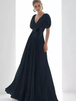 Robe de bal en mousseline de soie col en V coupe trapèze manches courtes plumes robes d'invitées de mariage