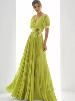 Robe de bal en mousseline de soie col en V coupe trapèze manches courtes plumes robes d'invitées de mariage