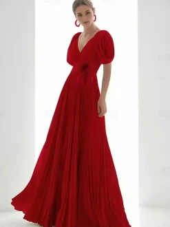 Robe de bal en mousseline de soie col en V coupe trapèze manches courtes plumes robes d'invitées de mariage