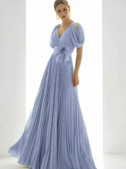 Robe de bal en mousseline de soie col en V coupe trapèze manches courtes plumes robes d'invitées de mariage