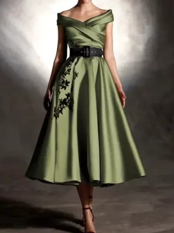 Robe de bal en satin décolleté travaillé manches courtes ornée d'appliqués