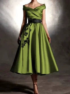 Robe de bal en satin décolleté travaillé manches courtes ornée d'appliqués