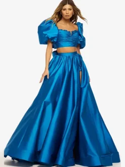 Robe de bal en taffetas col en c艙ur robe de bal manches courtes fendue sur le devant robes de soirée