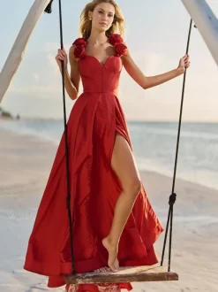 Robe de bal en taffetas col en c艙ur ligne a sans manches fleurs robes de soirée