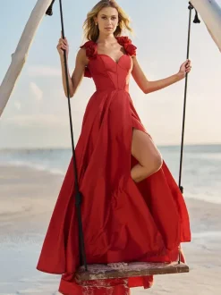 Robe de bal en taffetas col en c艙ur ligne a sans manches fleurs robes de soirée