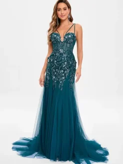Robe de bal en tulle sans bretelles style sirène sans manches à paillettes robes de soirée