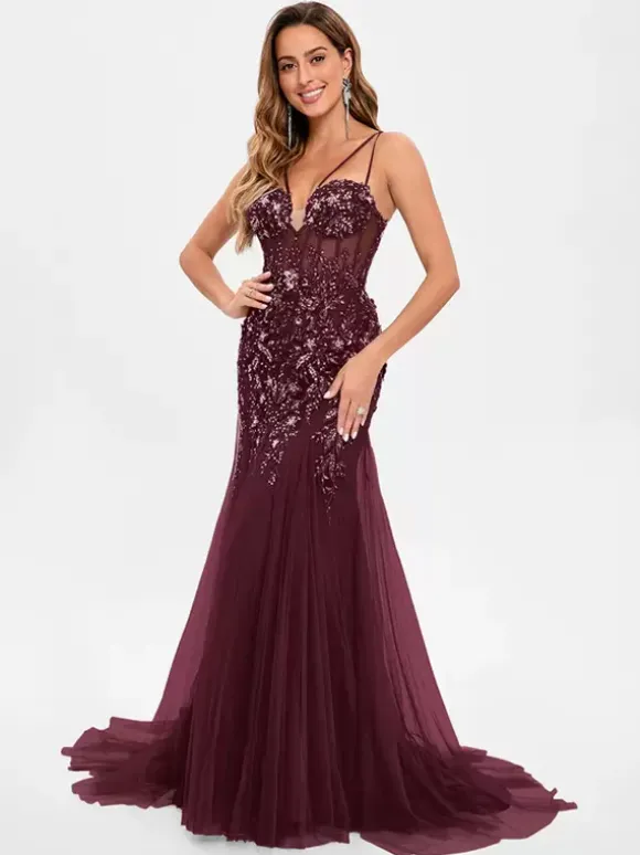 Robe de bal en tulle sans bretelles style sirène sans manches à paillettes robes de soirée
