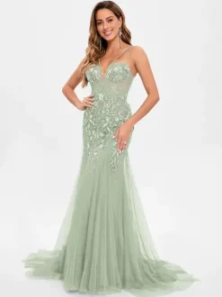 Robe de bal en tulle sans bretelles style sirène sans manches à paillettes robes de soirée