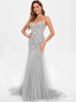 Robe de bal en tulle sans bretelles style sirène sans manches à paillettes robes de soirée