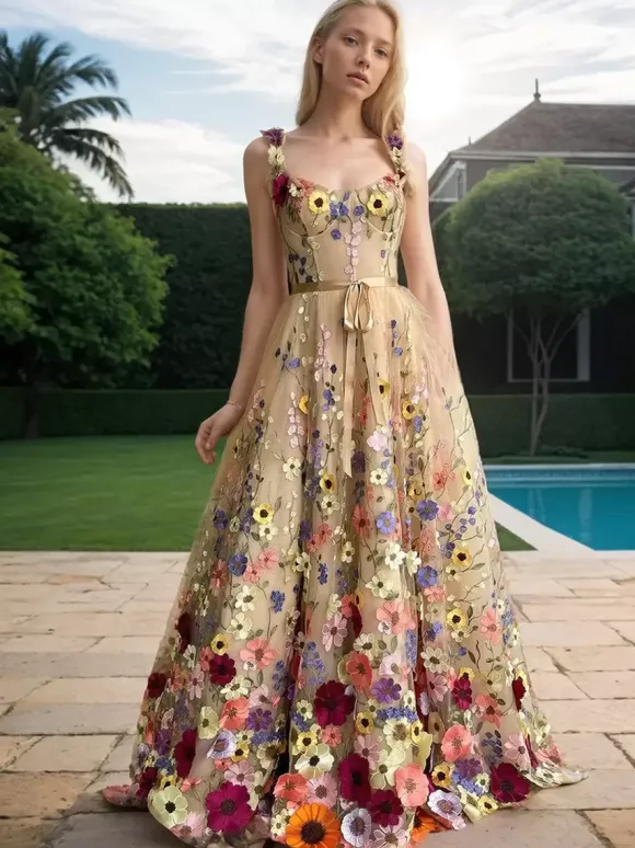 Robe de bal imprimerie Robe de soirée à bretelle zip sur dos au sol