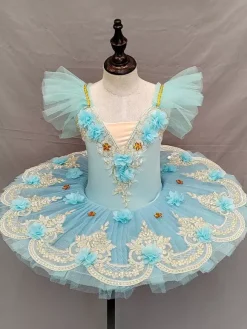 Robe de ballet bleu ciel clair pour fille ballerine en polyester dentelle appliquée robe en tulle tenue de spectacle
