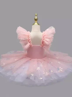 Robe de ballet bleu ciel clair pour fille ornée d'appliqués neige en polyester idéale pour les spectacles.