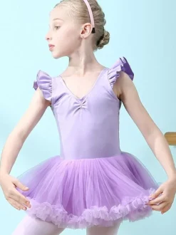Robe de ballet lilas femme enfant danseuse découpée volants oeuvre plissée mélange de coton robe tunique vêtements de danse costume de danse