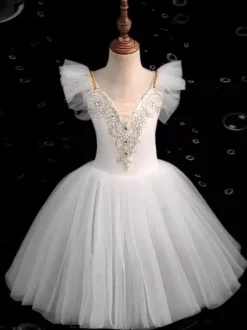 Robe de ballet pour enfants filles caraco en dentelle épaules ouvertes jupe justaucorps lac des cygnes tutu costumes de ballerine pour compétition
