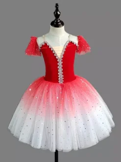 Robe de ballet rouge à sequins pour fille en polyester tenue de spectacle