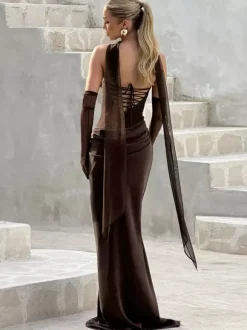 Robe de bal longue sirène cintrée à taille froncée avec foulard pour femme 2026