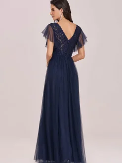 Robe de bal robe de cocktail mariage col V manche courte au sol