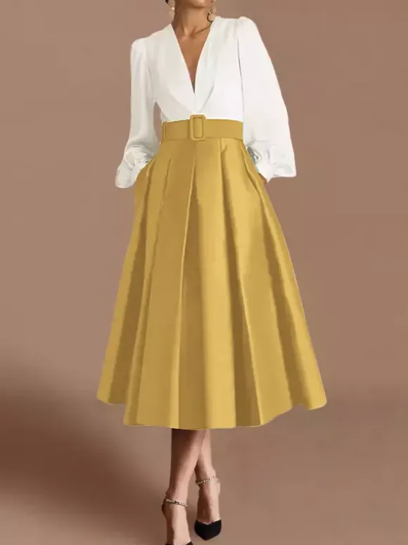 Robe de bal robe de soirée col en V satin manches longues ceinture robe de concours