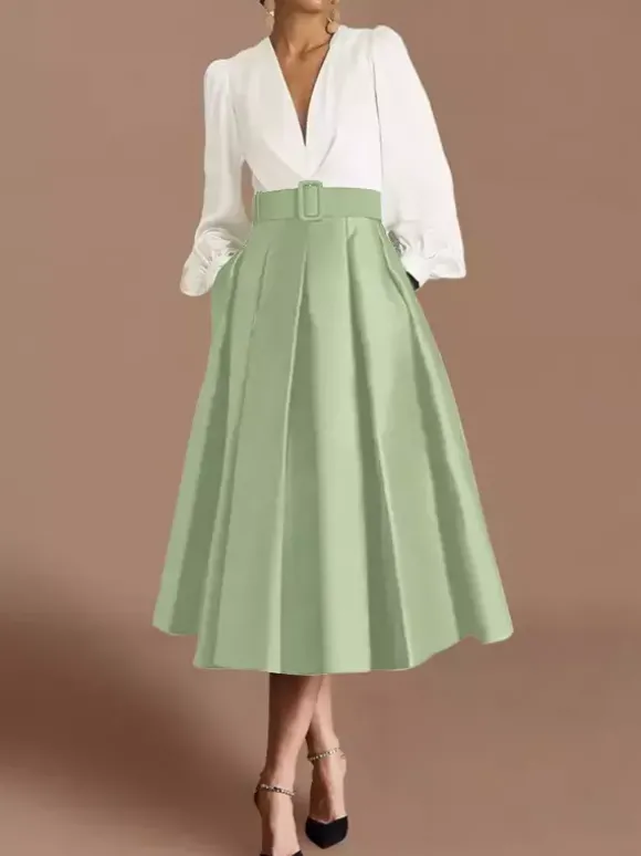 Robe de bal robe de soirée col en V satin manches longues ceinture robe de concours