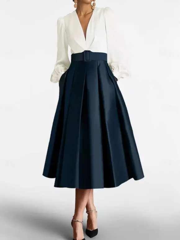 Robe de bal robe de soirée col en V satin manches longues ceinture robe de concours