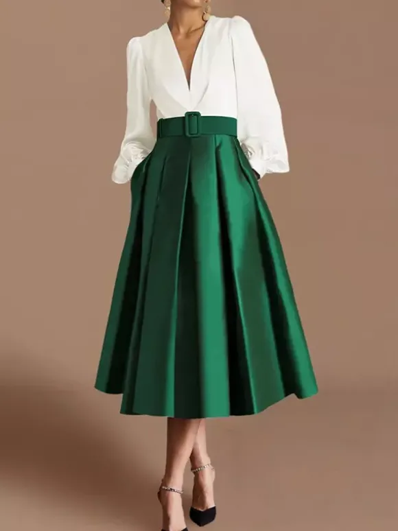Robe de bal robe de soirée col en V satin manches longues ceinture robe de concours