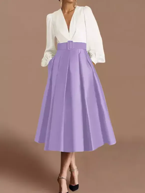 Robe de bal robe de soirée col en V satin manches longues ceinture robe de concours