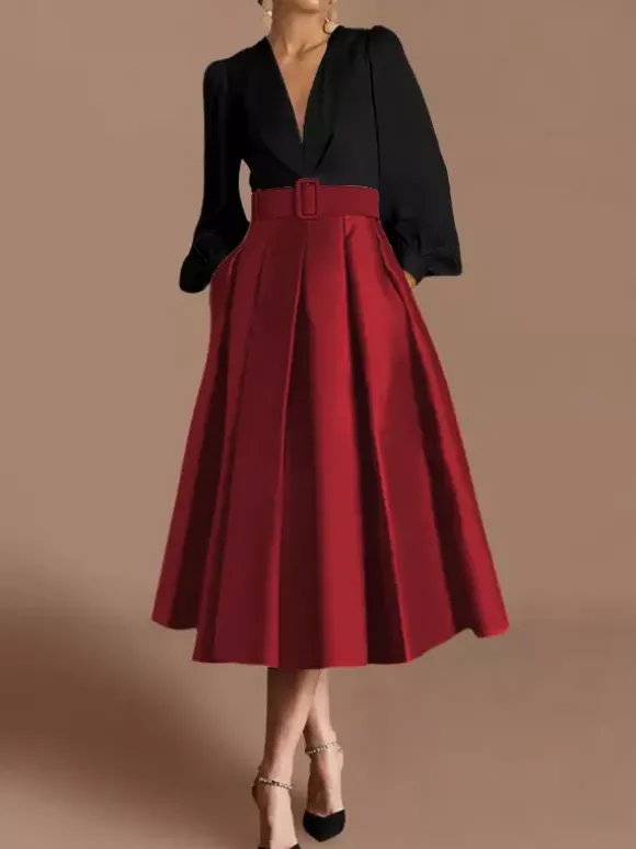 Robe de bal robe de soirée col en V satin manches longues ceinture robe de concours