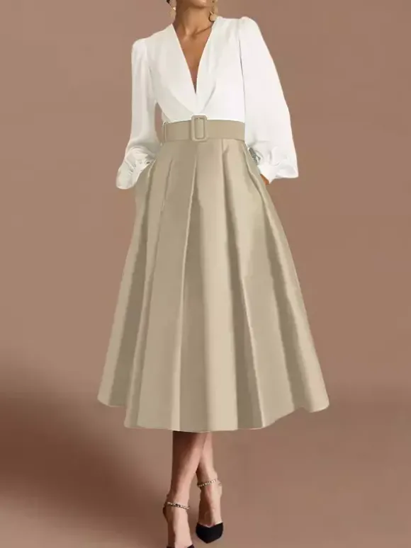 Robe de bal robe de soirée col en V satin manches longues ceinture robe de concours