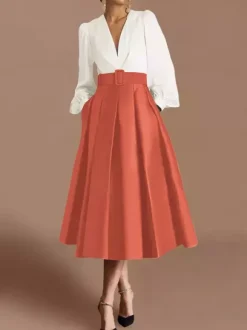 Robe de bal robe de soirée col en V satin manches longues ceinture robe de concours